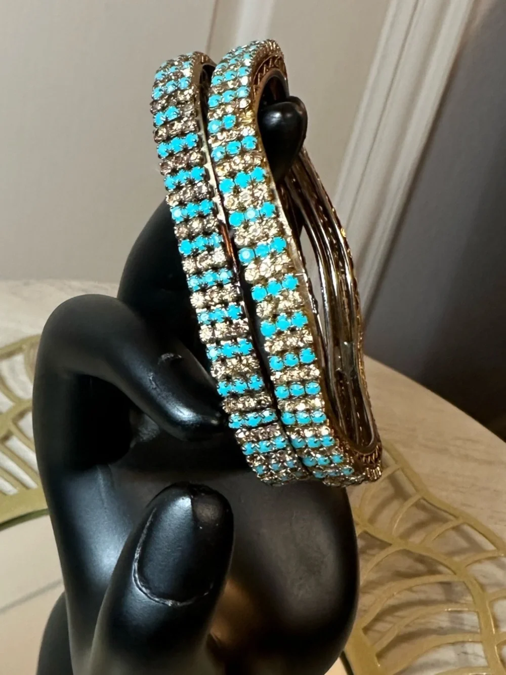 Turquoise Gold Rhinestone Bangle Bracelet Set 2 Pc Square Wavy Stack Glam Boho - Picture 2 of 9